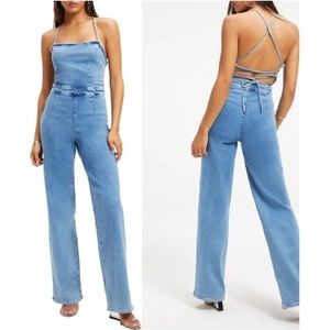 Good America Vacay Palazzo Denim Jumpsuit Light Wash Blue Size 1 small